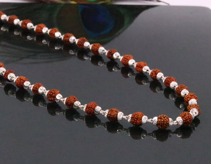 Handmade sterling silver Japp mala necklace with 108 natural Rudraksh beads, 54 inches long, from Rajasthan, India.