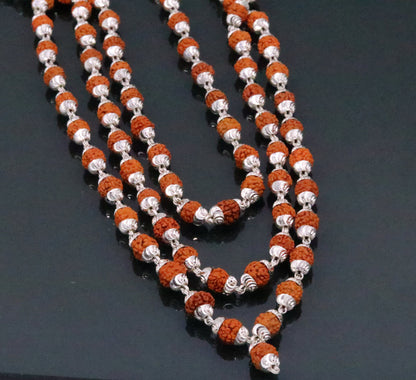 Handmade sterling silver Japp mala necklace with 108 natural Rudraksh beads, 54 inches long, from Rajasthan, India.
