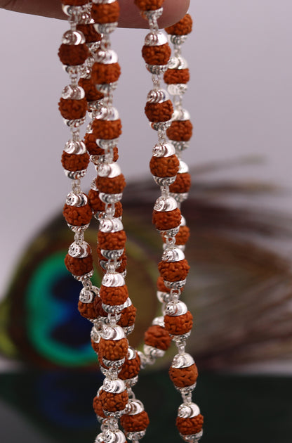 Handmade sterling silver Rudraksh beads Japp mala necklace, 54 inches long, featuring natural beads from Rajasthan, India.