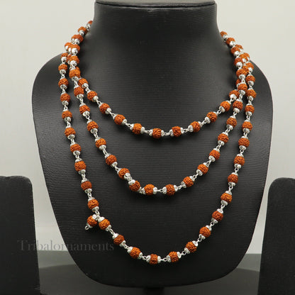 Handmade 108 Rudraksha japa mala necklace with sterling silver beads, 54-inch chanting and meditation prayer chain.