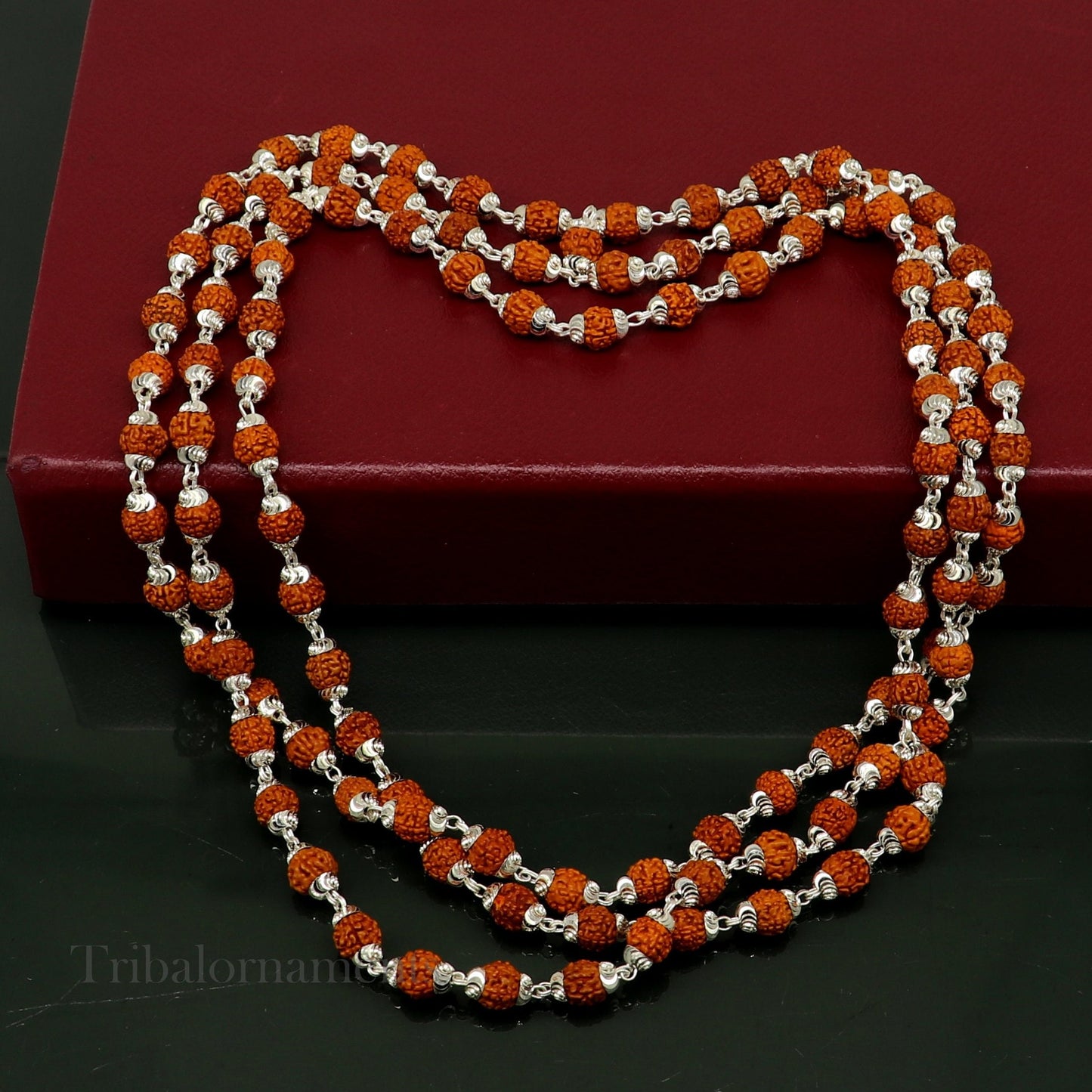 108 rudraksha japp mala Handmade Sterling silver gorgeous natural Rudraksh beads 54 inches necklace chanting praying meditation chain  ch39 - TRIBAL ORNAMENTS