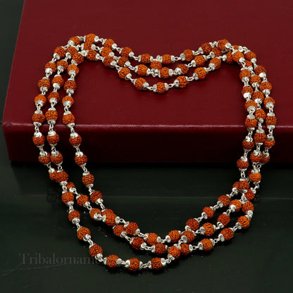 Handmade sterling silver 108 Rudraksha japp mala necklace with natural Rudraksha beads, ideal for meditation and chanting practices.