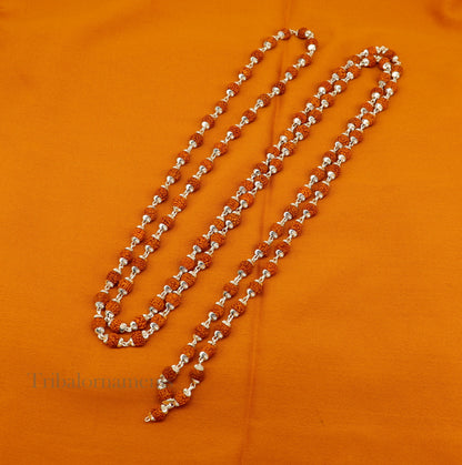 Handmade sterling silver 108 Rudraksha japp mala necklace with natural Rudraksh beads, 54 inches for chanting, praying, meditation.