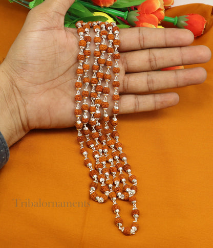 Handmade 108 Rudraksha japp mala necklace with sterling silver beads, natural Rudraksha for meditation and prayer, 54-inch chain.