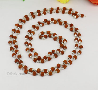 Handmade 108 Rudraksha japp mala necklace with sterling silver beads, 54 inches, used for meditation and prayer.