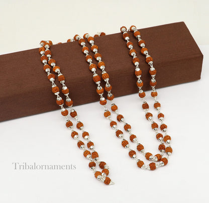 Handmade 108 Rudraksha japp mala necklace with sterling silver beads, 54 inches long, ideal for meditation and prayer.
