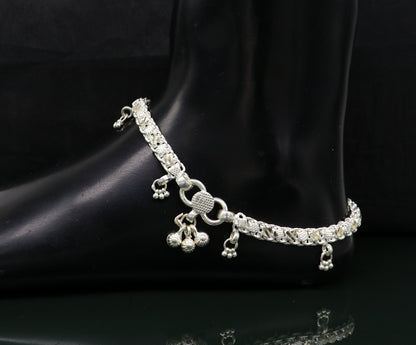 Sterling silver 11.5-inch customized tribal anklet with vintage design, featuring intricate patterns and belly dance jewelry style.