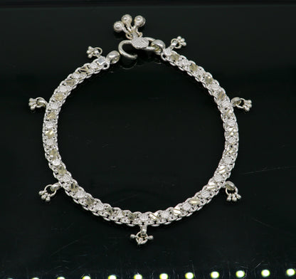 Sterling silver 11.5-inch custom-designed tribal ankle bracelet with vintage belly dance jewelry style from TRIBAL ORNAMENTS.
