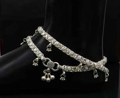 Sterling silver 11.5-inch customized tribal ankle bracelet with vintage design, suitable for belly dance and tribal jewelry styles.
