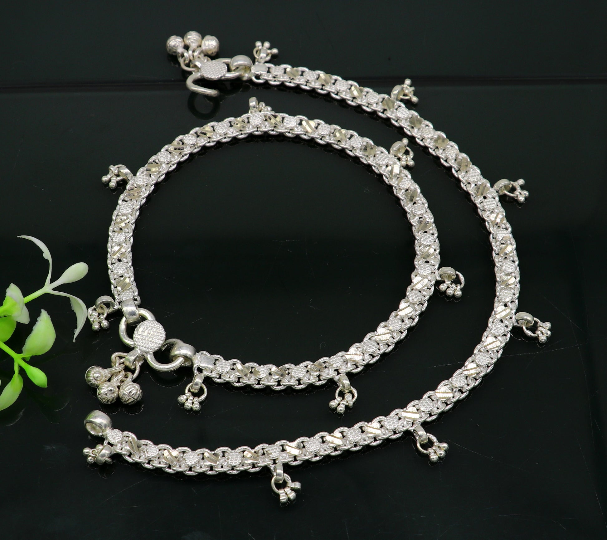 Sterling silver 11.8-inch custom-designed tribal ankle bracelet with vintage tribal belly dance jewelry style.