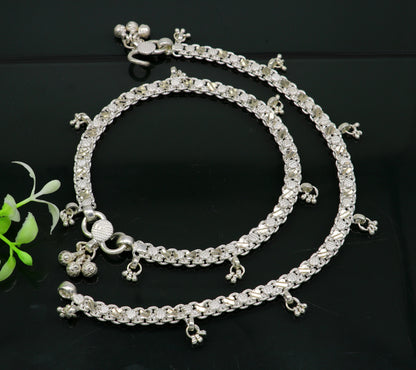 Sterling silver 11.8-inch custom-designed tribal ankle bracelet with vintage tribal belly dance jewelry style.