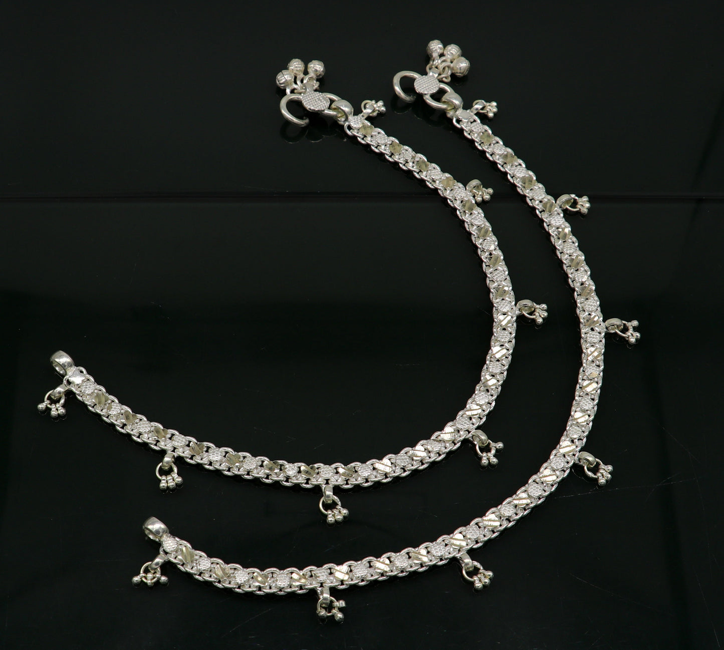 Sterling silver 11.8-inch customized tribal ankle bracelet with vintage design, perfect for belly dance and tribal jewelry styles.