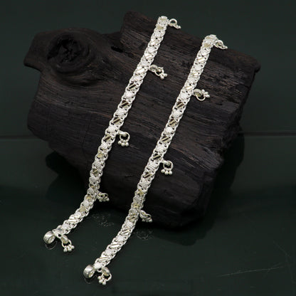 Sterling silver 11.8-inch tribal ankle bracelet with customized vintage tribal design, perfect for belly dance jewelry.