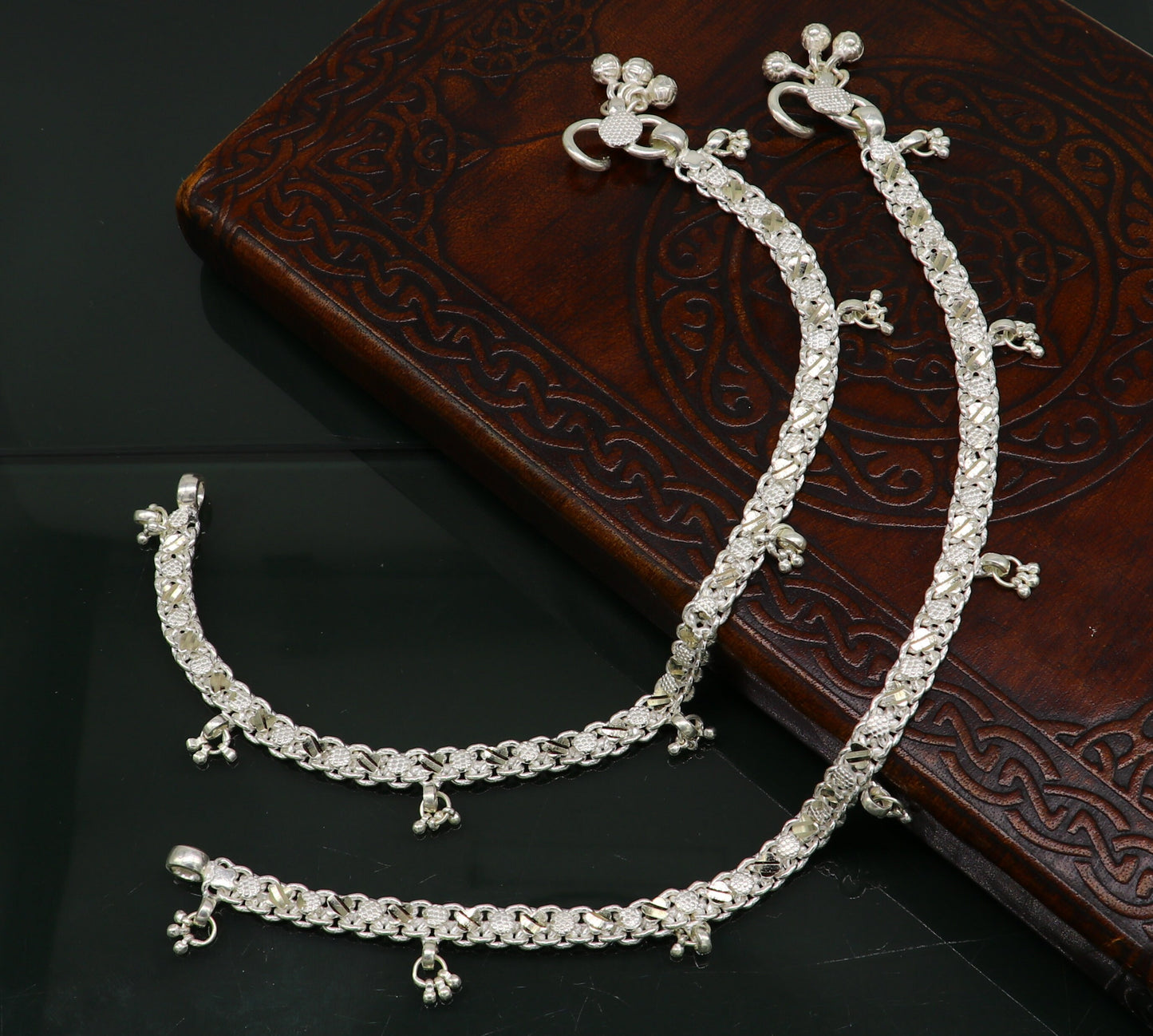Sterling silver 11.8-inch tribal ankle bracelet with customized vintage design, perfect for belly dance and tribal jewelry styles.