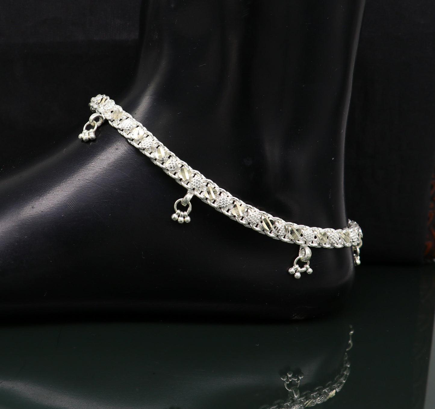 Sterling silver 11.8-inch customized tribal ankle bracelet with vintage design, featuring intricate details for belly dance jewelry.