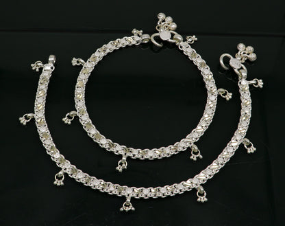 Sterling silver 11.8-inch custom-designed tribal ankle bracelet with vintage tribal and belly dance jewelry style.