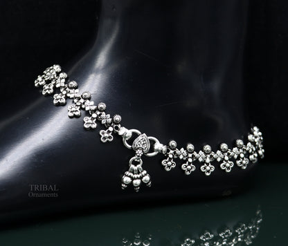 11-inch TRIBAL ORNAMENTS silver anklet with hanging bells, antique tribal design for belly dance jewelry, 925 solid silver.