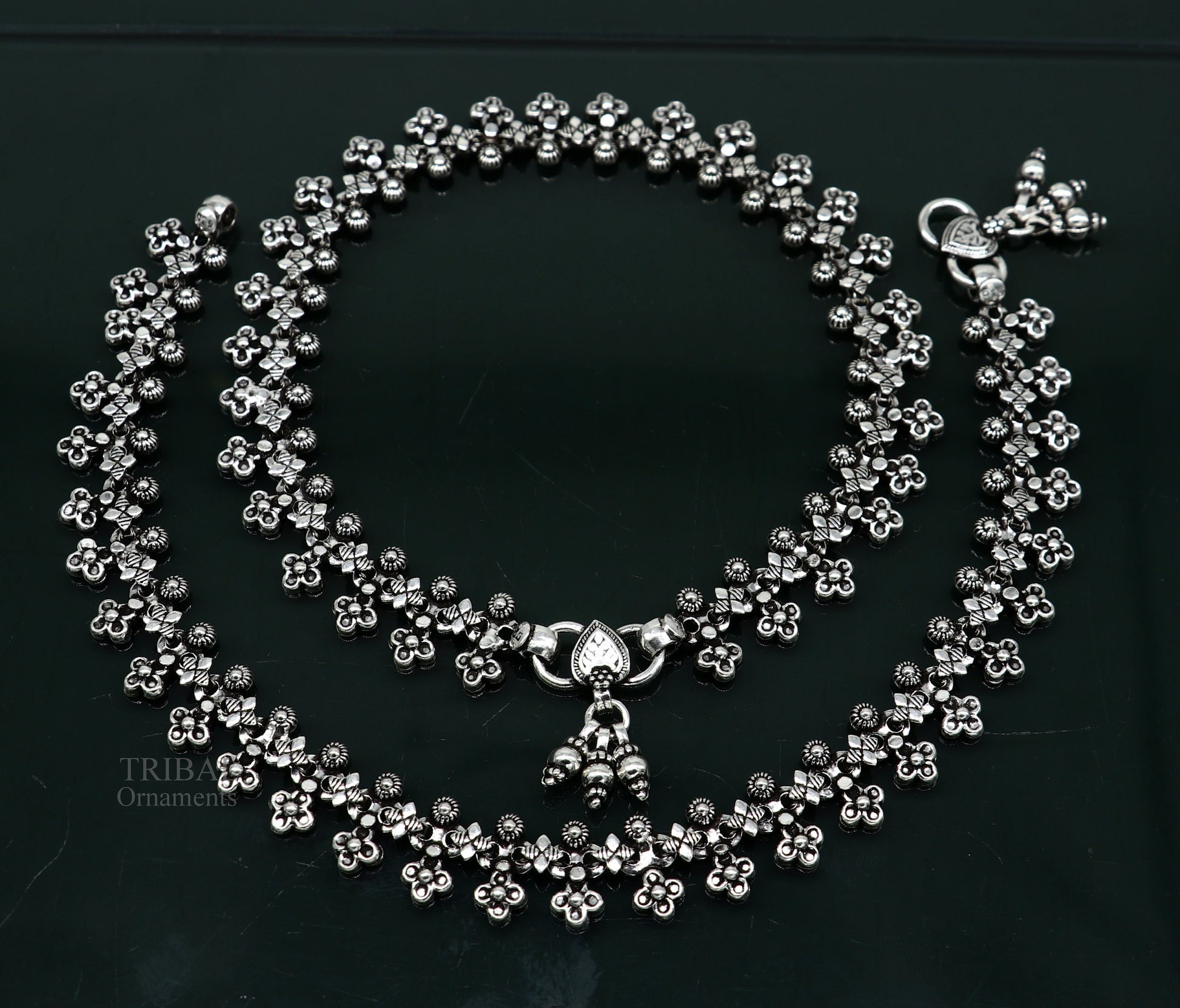 11 inches Handcrafted 925 solid silver anklet feet bracelet gorgeous hanging bells antique design tribal wedding belly dance jewelry Ank24 - TRIBAL ORNAMENTS