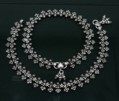 11-inch TRIBAL ORNAMENTS silver anklet with hanging bells, antique tribal design, perfect for belly dance jewelry.