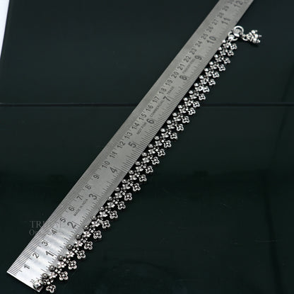 11-inch TRIBAL ORNAMENTS silver anklet with hanging bells, antique tribal design, perfect for belly dance jewelry.