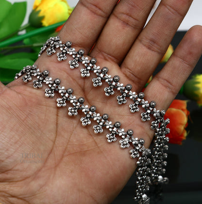 11-inch 925 solid silver anklet with hanging bells, antique tribal design, perfect for belly dance jewelry featuring tribal ornaments.