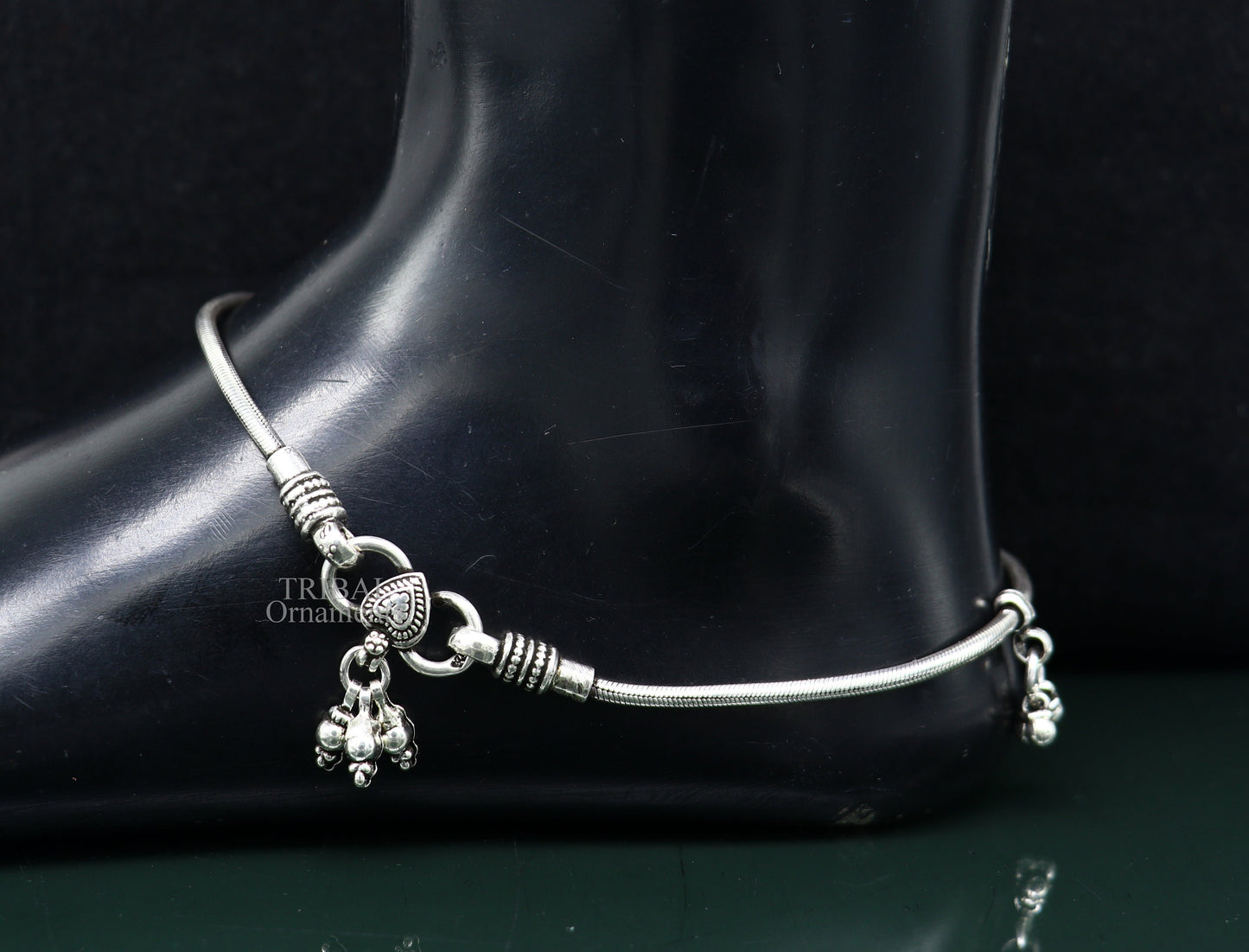11-inch solid silver snake chain anklet featuring tribal-inspired design, perfect for belly dance or daily wear.