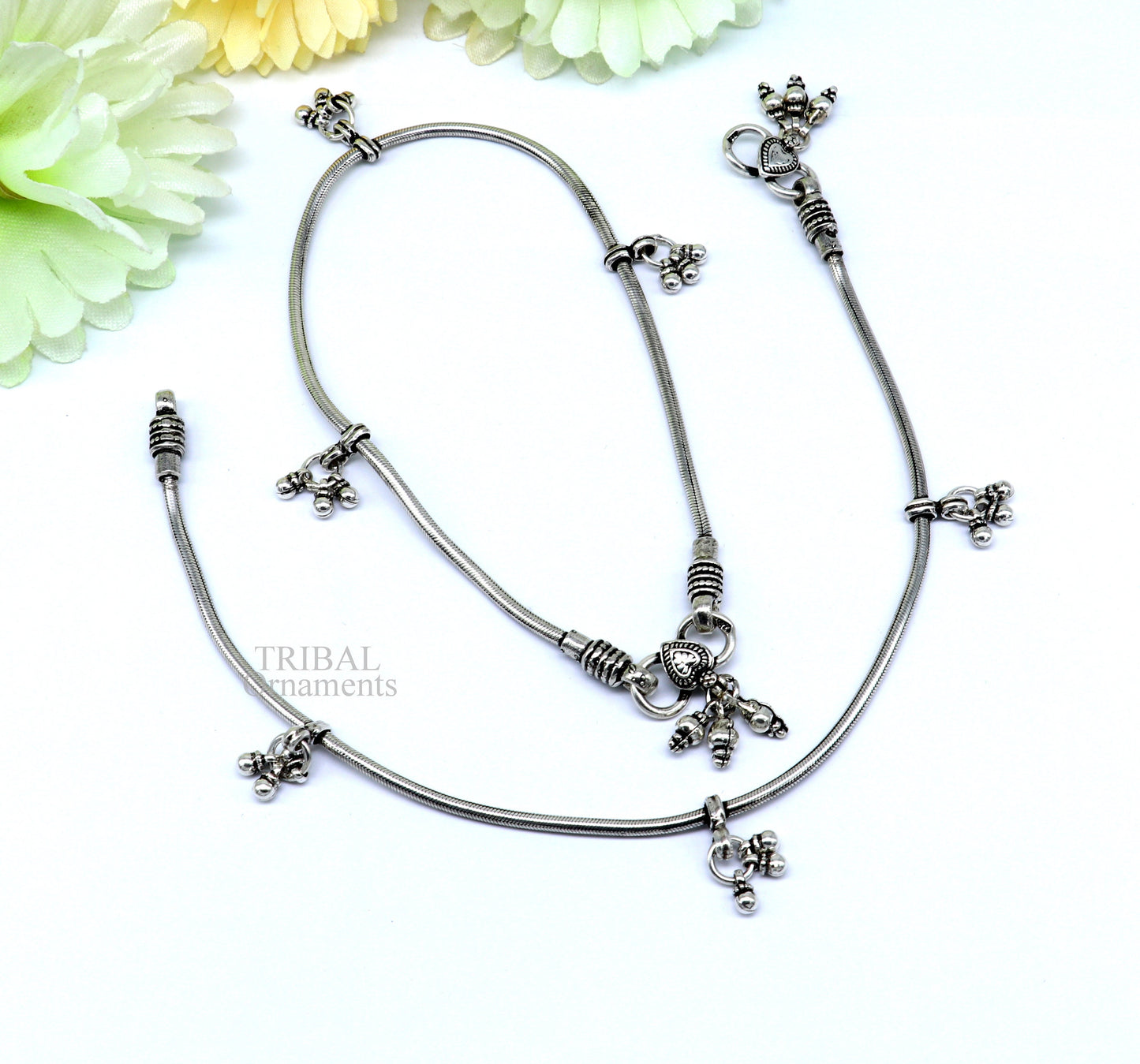 11-inch solid silver snake chain anklet by TRIBAL ORNAMENTS, tribal belly dance jewelry, and stylish daily-use ankle bracelet.