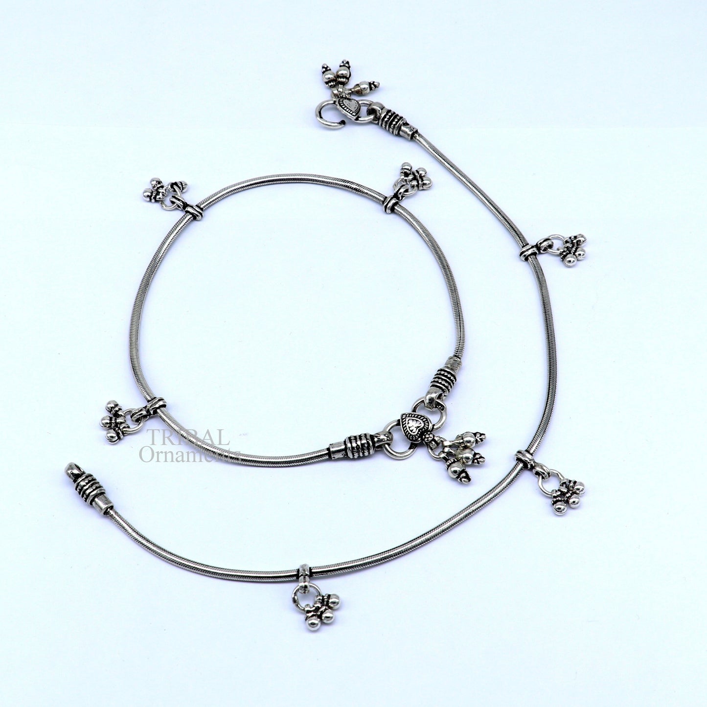 11-inch solid silver snake chain anklet by TRIBAL ORNAMENTS, tribal belly dance jewelry, stylish and durable ankle bracelet.