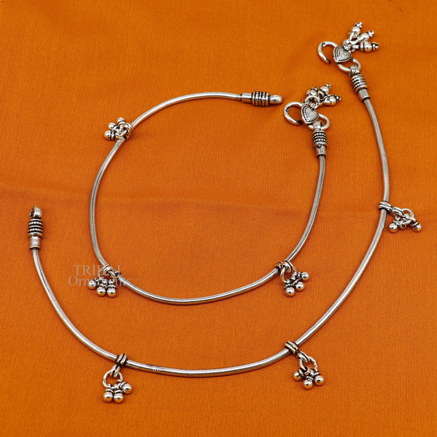 Solid silver 11-inch snake chain anklet with tribal design, perfect for belly dance or daily wear, by TRIBAL ORNAMENTS.