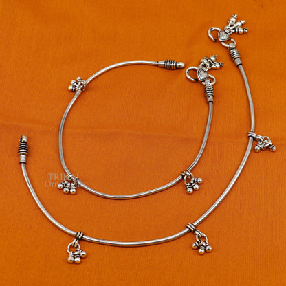 Solid silver 11-inch snake chain anklet with tribal design, perfect for belly dance or daily wear, by TRIBAL ORNAMENTS.