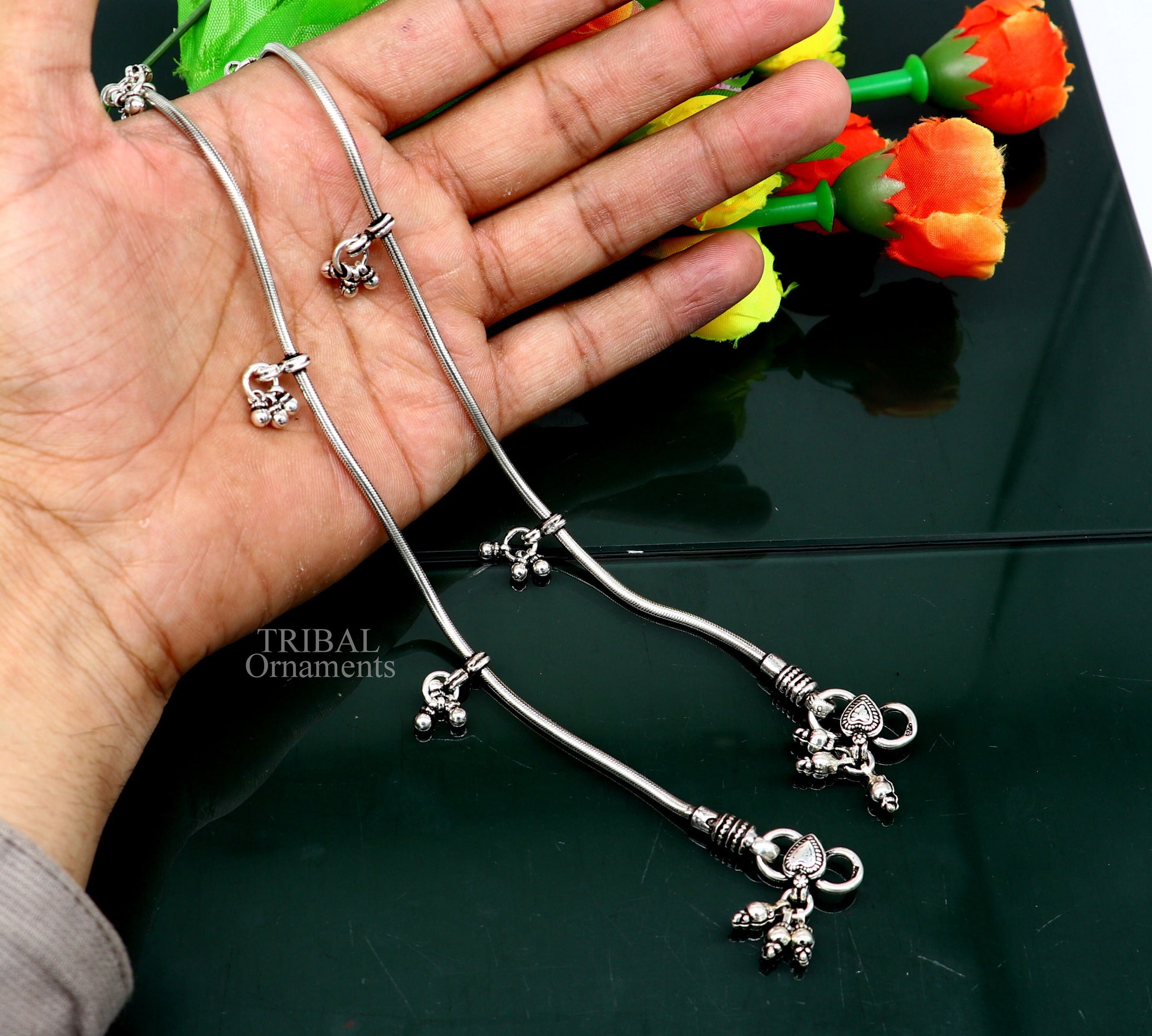 11-inch solid silver snake chain anklet with tribal design, perfect for belly dance or daily wear, by TRIBAL ORNAMENTS.