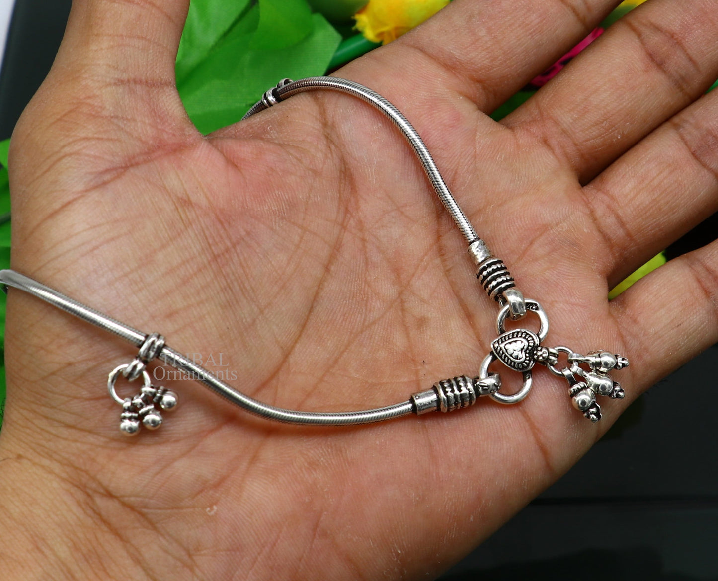 11-inch solid silver snake chain anklet by TRIBAL ORNAMENTS, tribal-inspired ankle bracelet with customized design for daily wear.