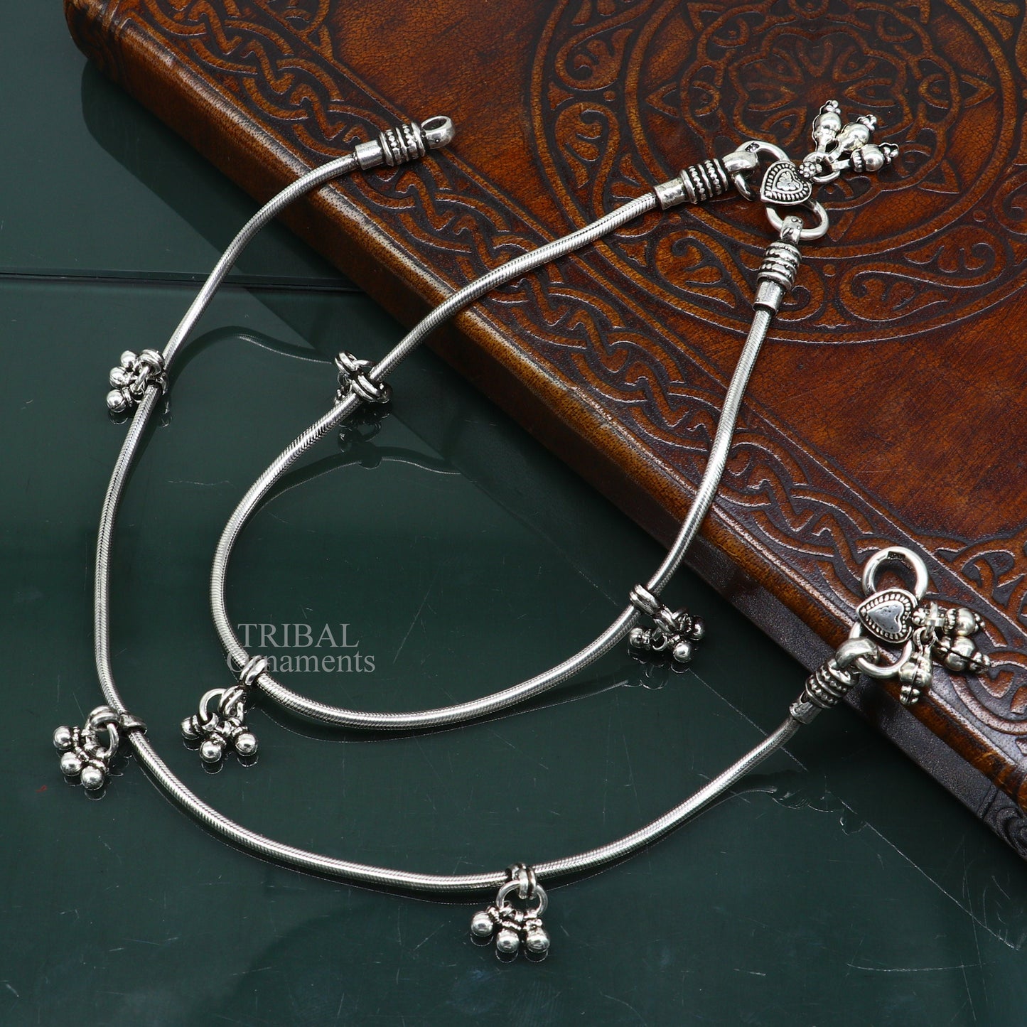 Solid silver 11-inch snake chain anklet with tribal-inspired design, perfect for belly dance or daily wear.