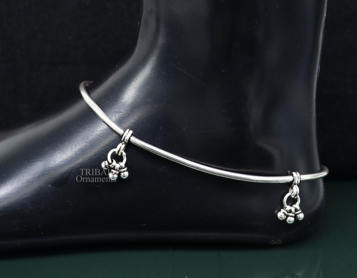 11-inch solid silver snake chain anklet by TRIBAL ORNAMENTS, tribal belly dance jewelry, stylish and adjustable ankle bracelet.