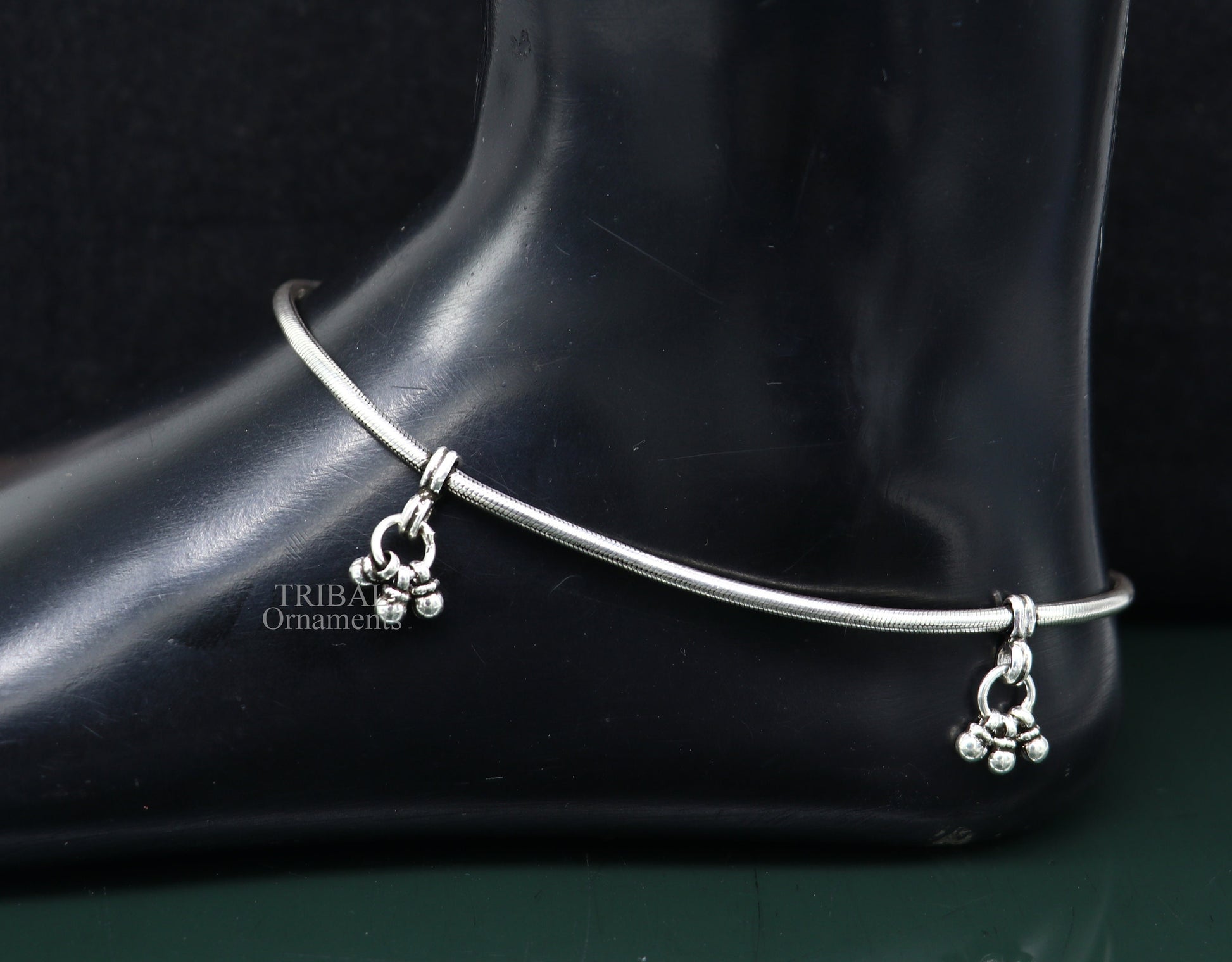 11-inch solid silver snake chain anklet by TRIBAL ORNAMENTS, tribal belly dance jewelry, stylish and adjustable ankle bracelet.
