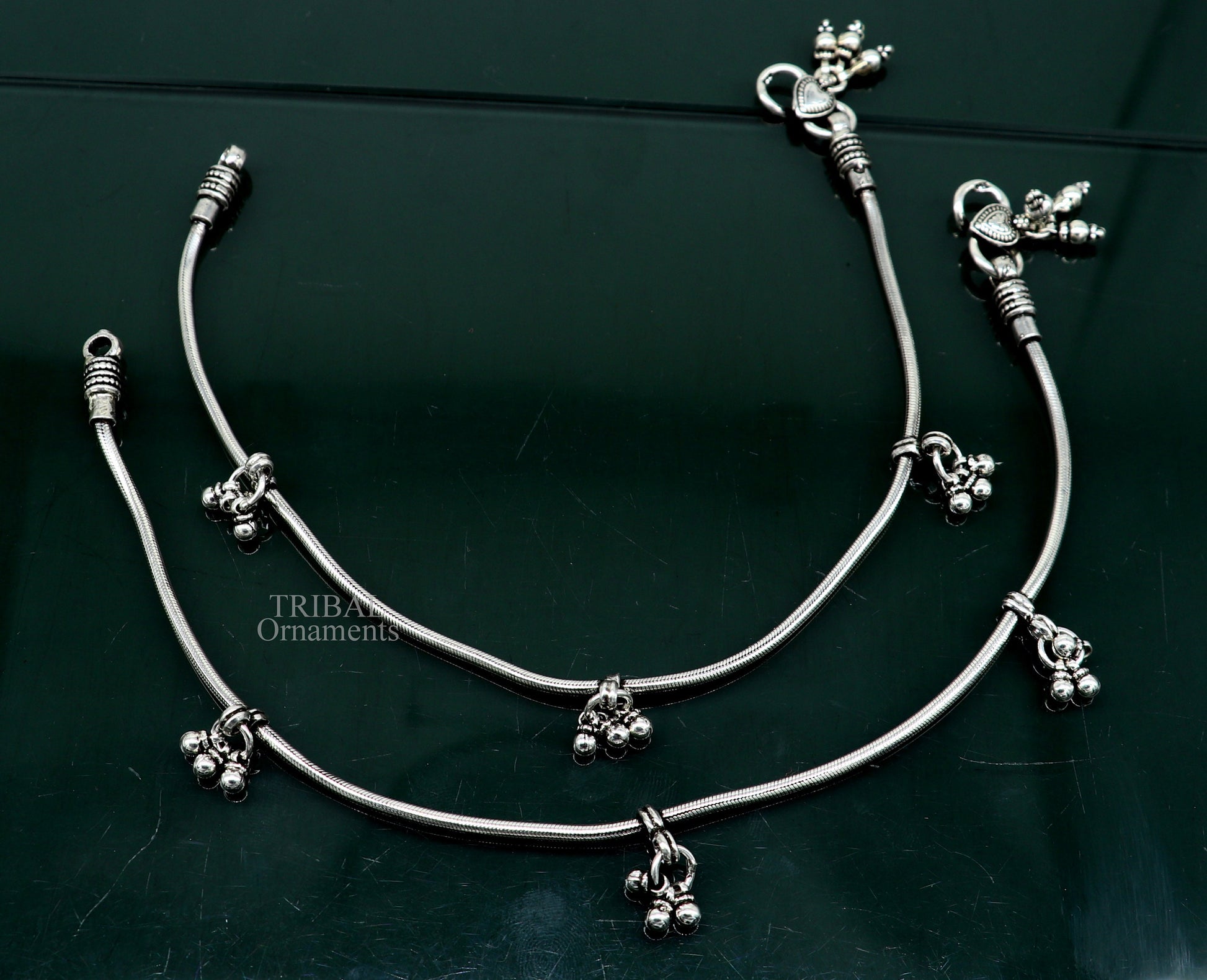 11-inch solid silver snake chain anklet by Tribal Ornaments, tribal belly dance jewelry, stylish ankle bracelet for daily wear