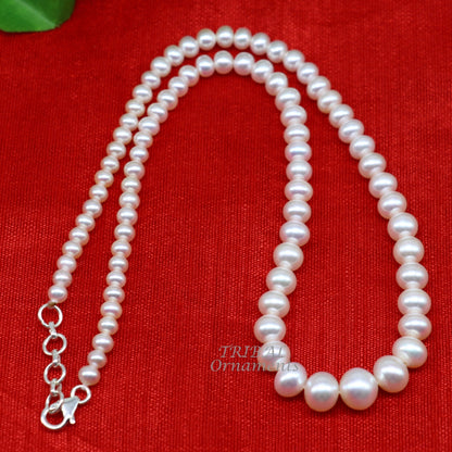 Freshwater pearl necklace set by Tribal Ornaments with 4-9mm single line layer string, ideal for wedding or daily jewelry.