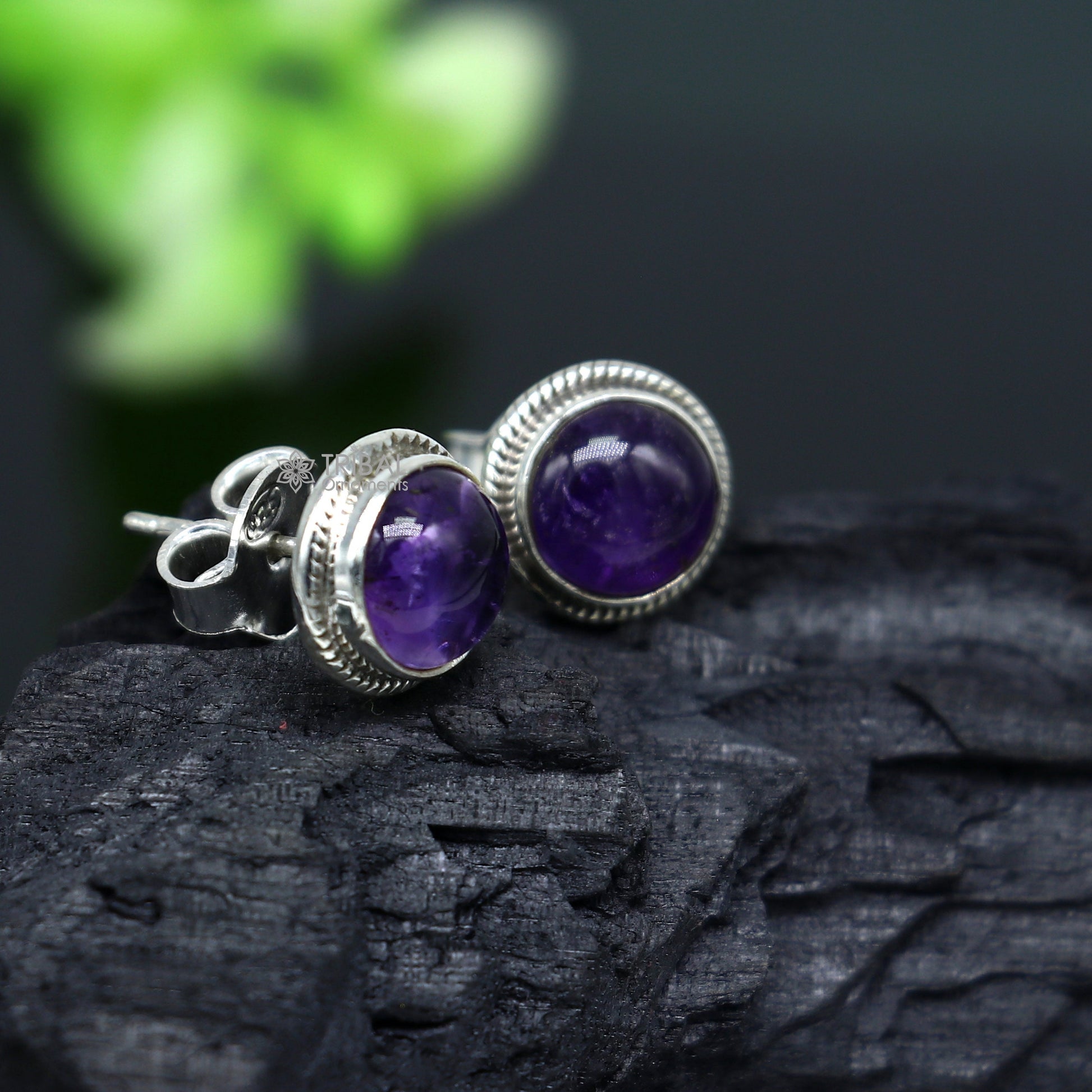 11mm round sterling silver stud earrings with vibrant amethyst stones, unisex jewelry by TRIBAL ORNAMENTS, perfect for daily wear.