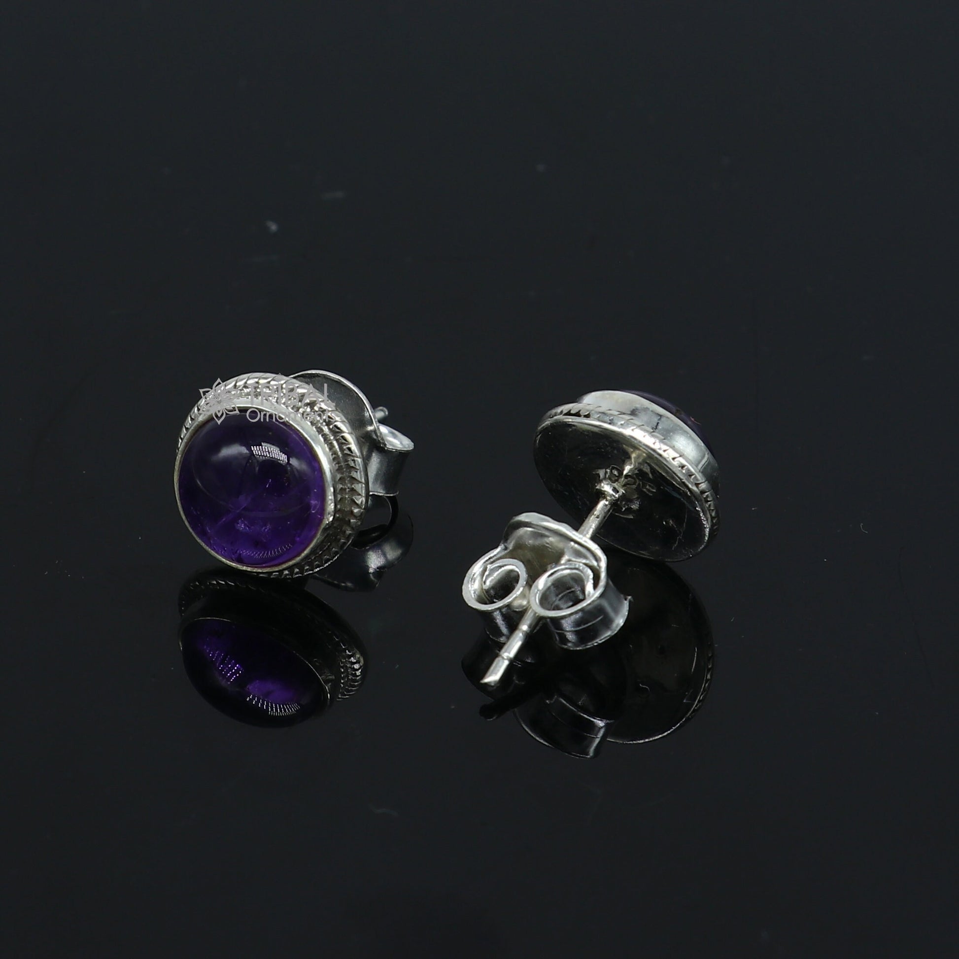 11mm round sterling silver stud earrings with vibrant amethyst stones, unisex jewelry by Tribal Ornaments for daily wear