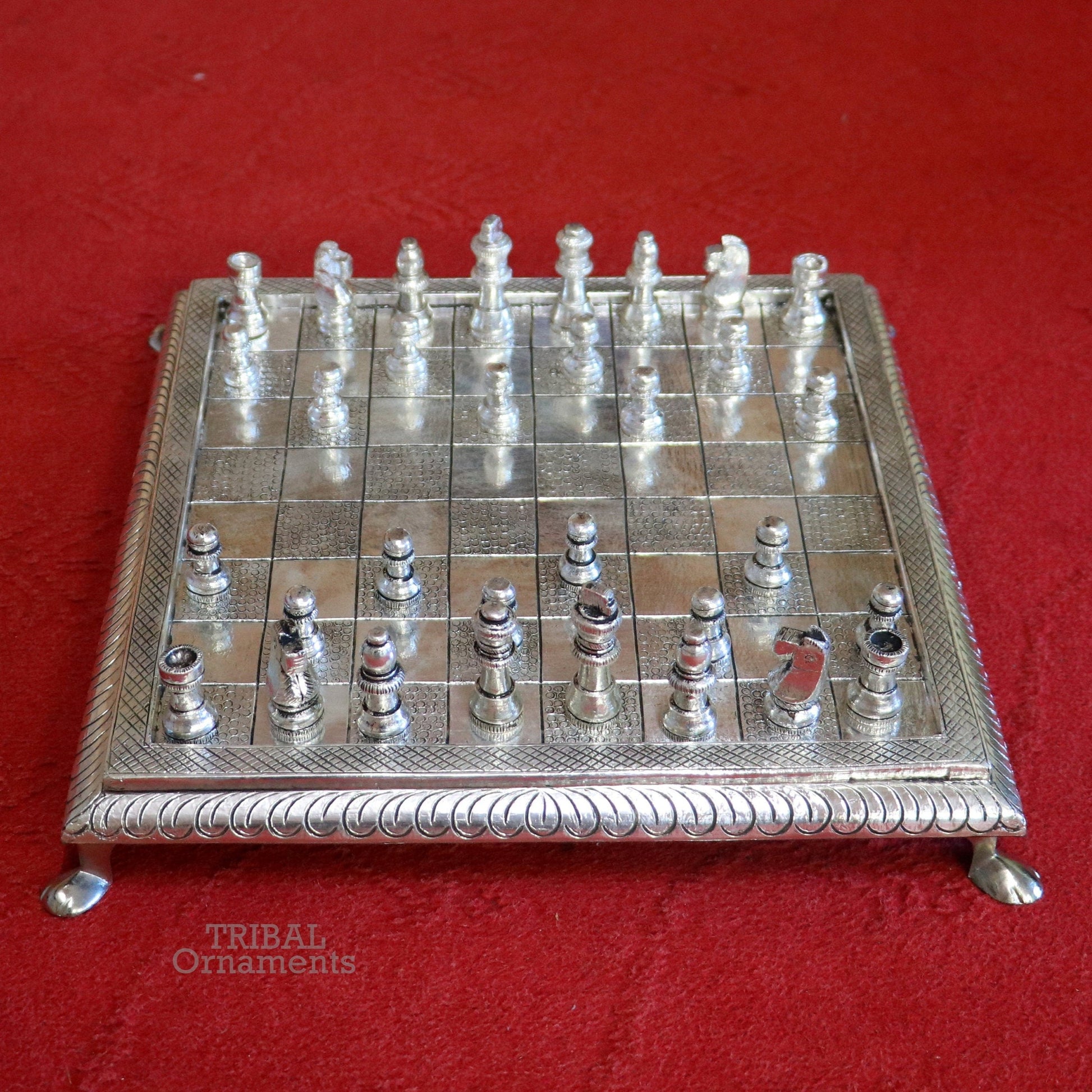12" x 12" 925 sterling silver work chessboard, Amazing handcrafted design on wooden base, fabulous Royal silver article from india fr13 - TRIBAL ORNAMENTS