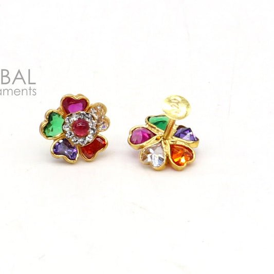 14kt yellow gold handmade fabulous multicolor Stone excellent vintage flower design stud earrings pair unisex jewelry er173 - TRIBAL ORNAMENTS