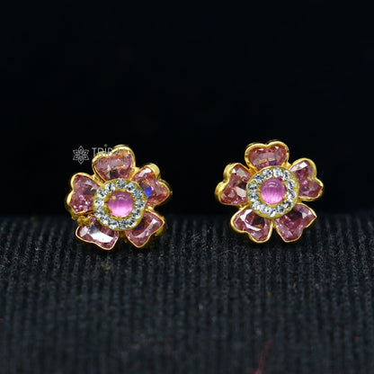 14kt yellow gold handmade fabulous orange Stone excellent vintage flower design stud earrings pair unisex jewelry er176 - TRIBAL ORNAMENTS
