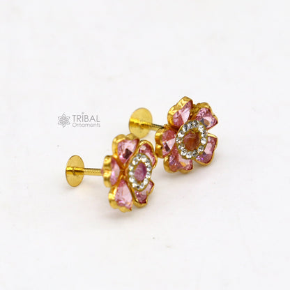 14kt yellow gold handmade fabulous orange Stone excellent vintage flower design stud earrings pair unisex jewelry er176 - TRIBAL ORNAMENTS