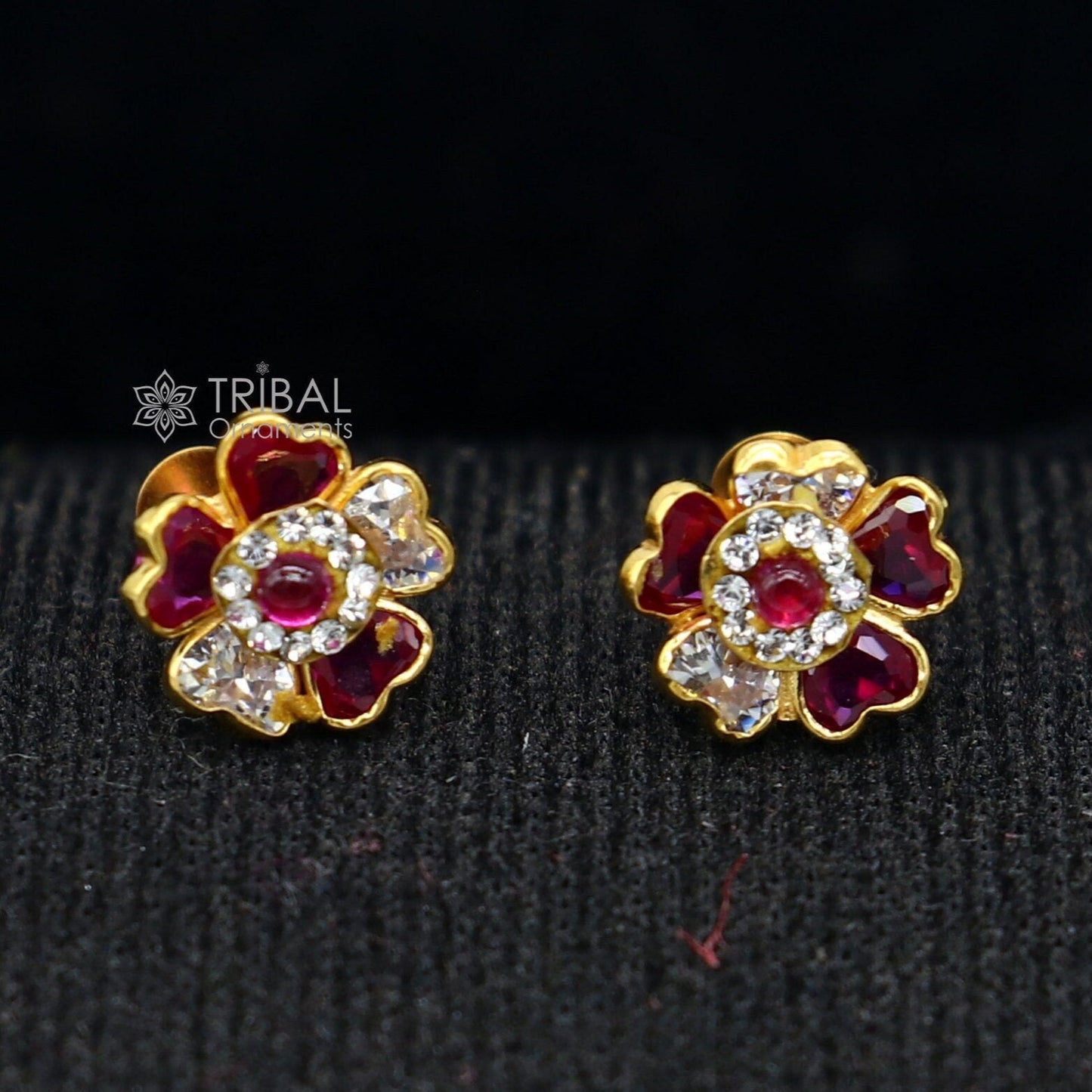 14kt yellow gold handmade fabulous orange Stone excellent vintage flower design stud earrings pair unisex jewelry er177 - TRIBAL ORNAMENTS