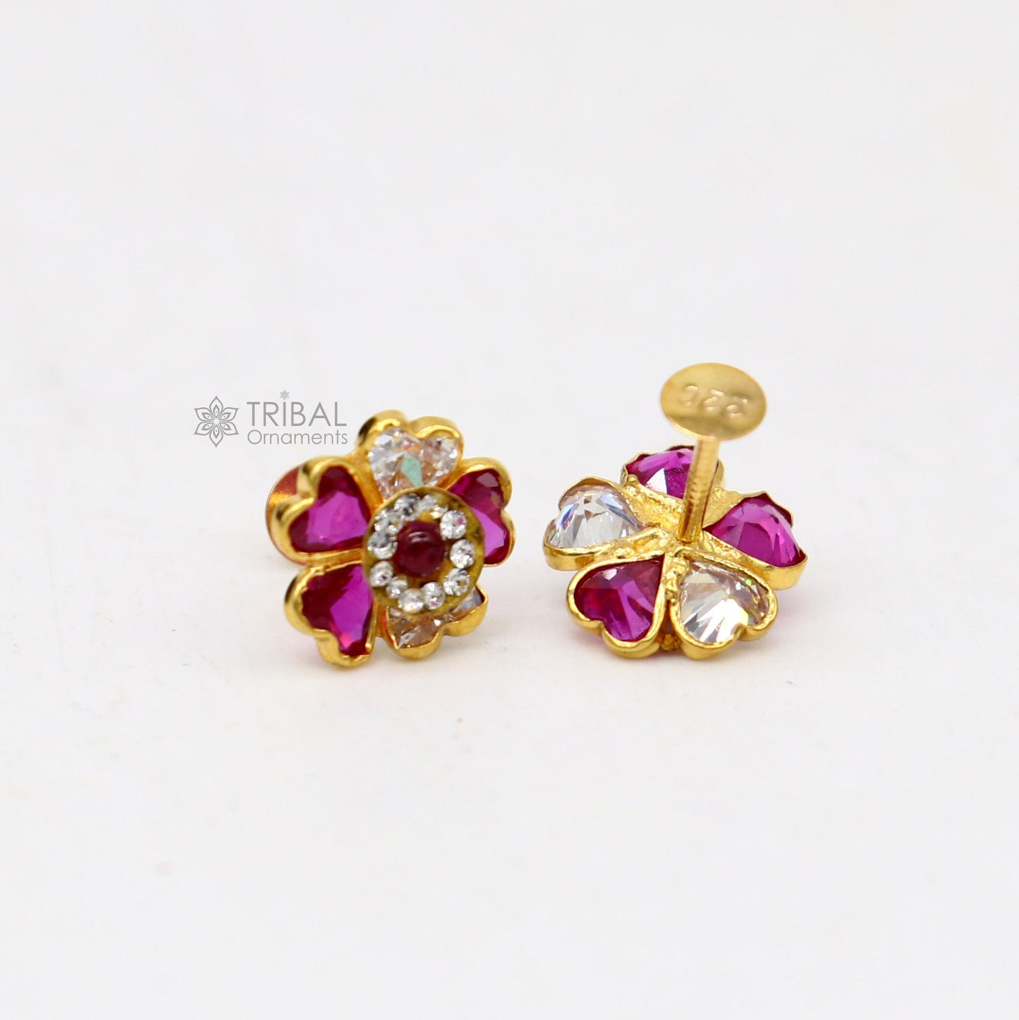 14kt yellow gold handmade fabulous orange Stone excellent vintage flower design stud earrings pair unisex jewelry er177 - TRIBAL ORNAMENTS