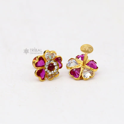 14kt yellow gold handmade fabulous orange Stone excellent vintage flower design stud earrings pair unisex jewelry er177 - TRIBAL ORNAMENTS