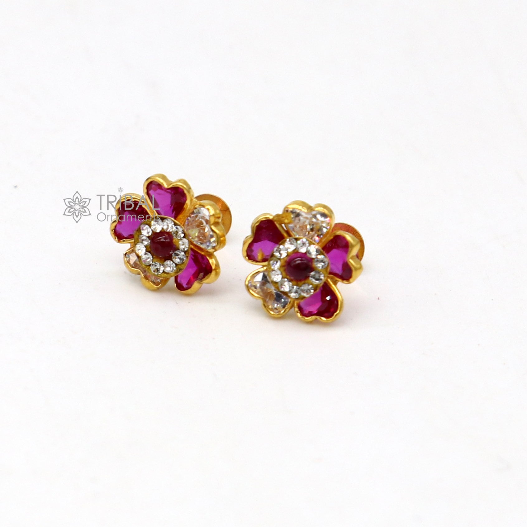 14kt yellow gold handmade fabulous orange Stone excellent vintage flower design stud earrings pair unisex jewelry er177 - TRIBAL ORNAMENTS