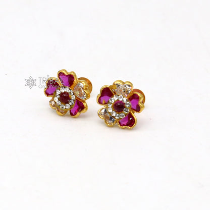 14kt yellow gold handmade fabulous orange Stone excellent vintage flower design stud earrings pair unisex jewelry er177 - TRIBAL ORNAMENTS