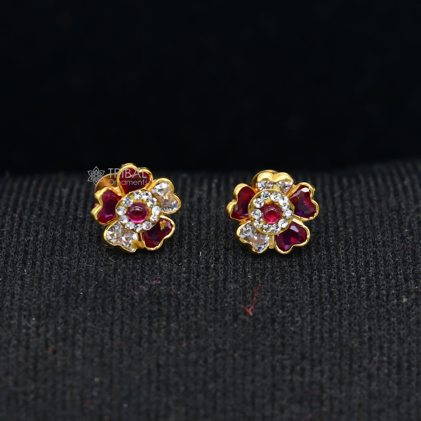 14kt yellow gold handmade fabulous orange Stone excellent vintage flower design stud earrings pair unisex jewelry er177 - TRIBAL ORNAMENTS