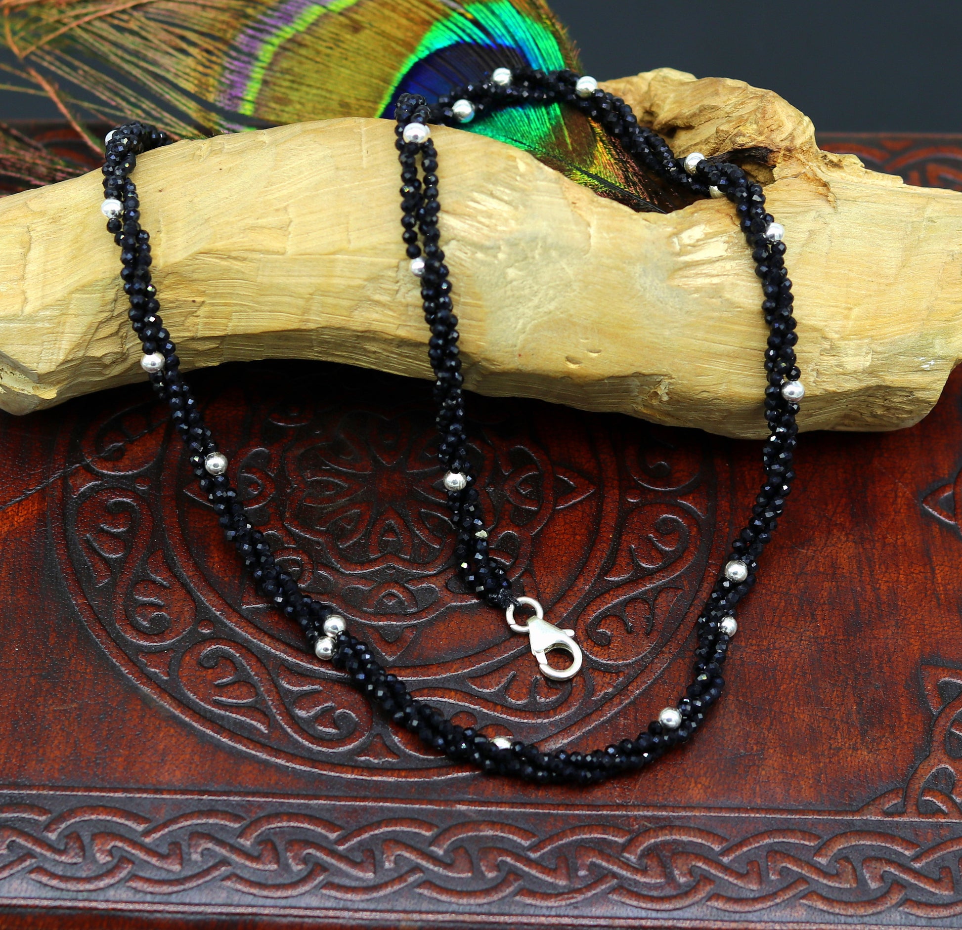 18" 925 pure silver galaxy necklace triple strands semi precious black cut stone beads with randomly placed silver beads necklace set135 - TRIBAL ORNAMENTS